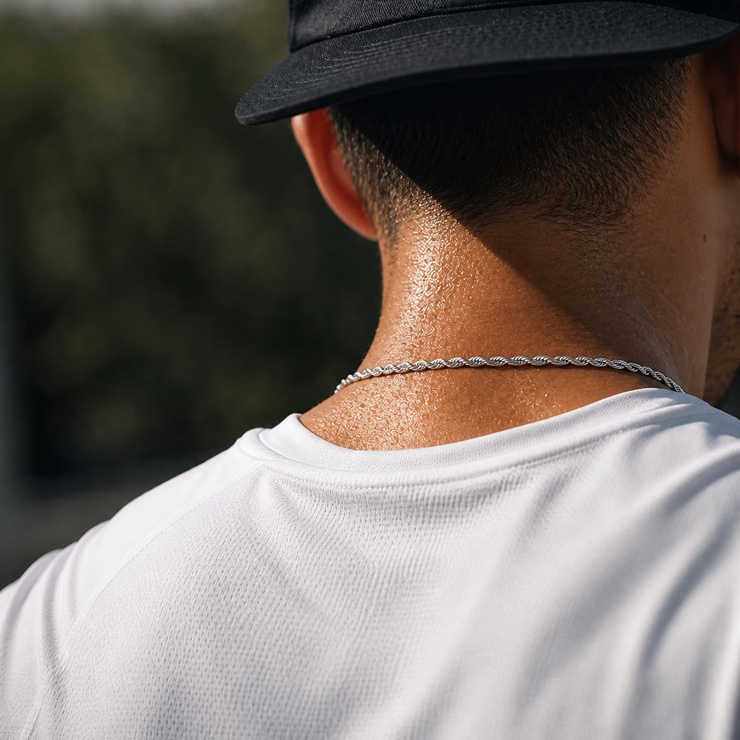 A white-gold-tone rope chain worn against a sweaty neck after exercise.